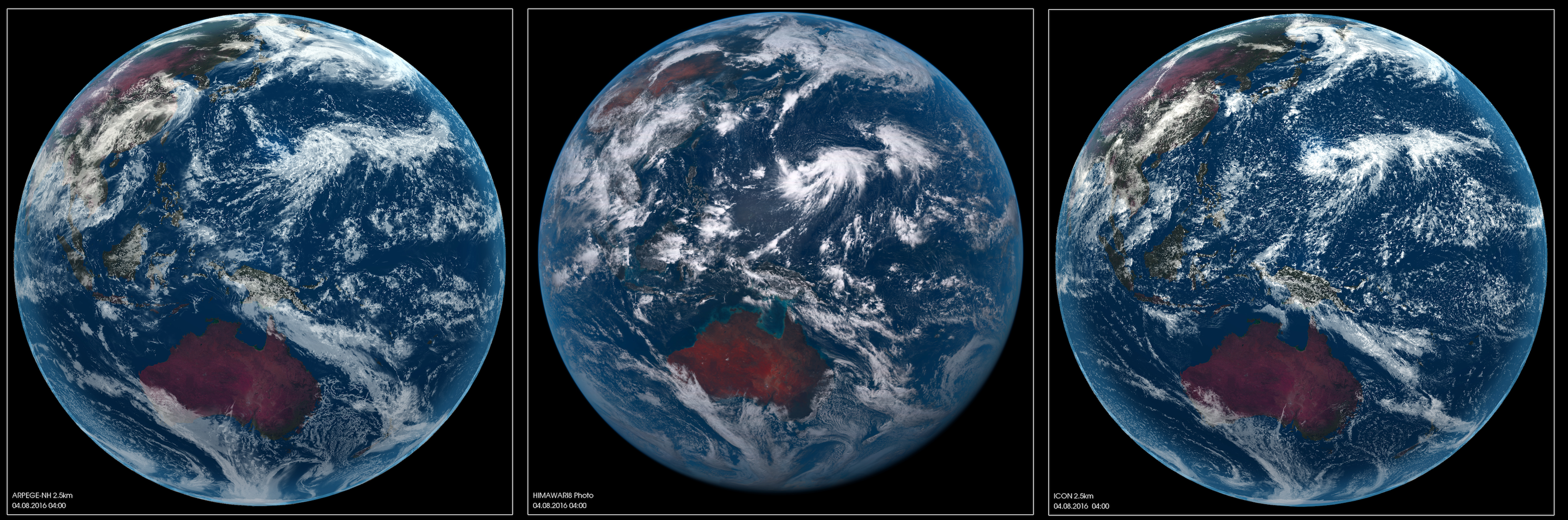 Two models from DYAMOND showing real color global view compared to observations (DYAMOND 1)